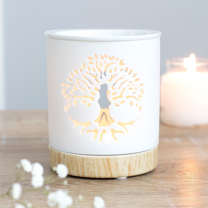 Tree of Life Oil Burner – White Ceramic Wax & Fragrance Diffuser with Wood-Effect Base