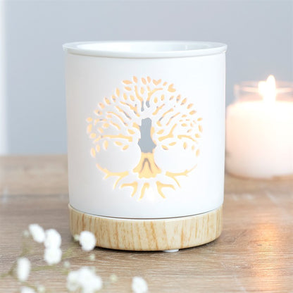 Tree of Life Oil Burner – White Ceramic Wax & Fragrance Diffuser with Wood-Effect Base