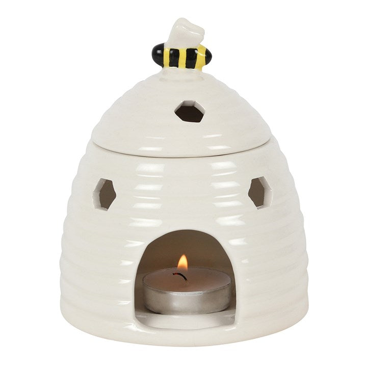 White Beehive Oil Burner – Ceramic Aroma Burner with Honeycomb Cutouts & Bee Detail