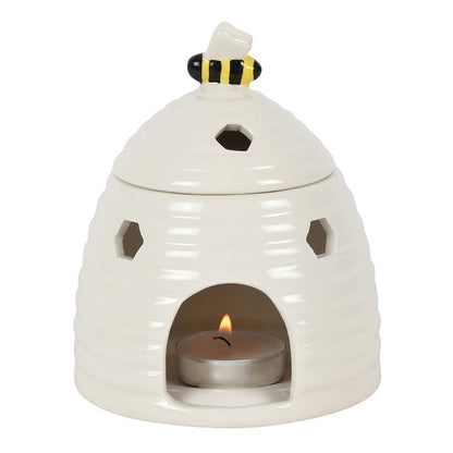 White Beehive Oil Burner – Ceramic Aroma Burner with Honeycomb Cutouts & Bee Detail