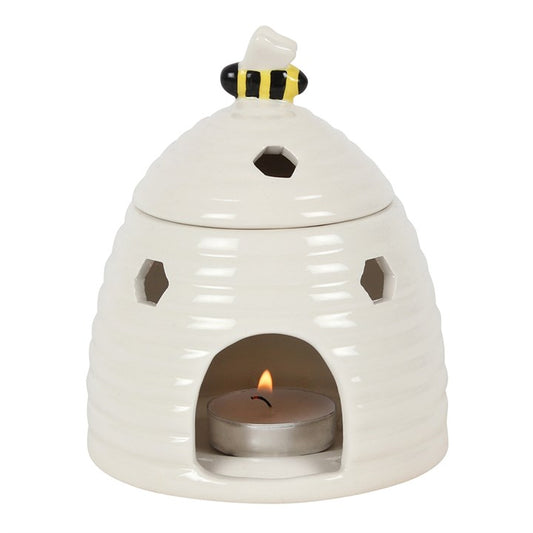 White Beehive Oil Burner – Ceramic Aroma Burner with Honeycomb Cutouts & Bee Detail