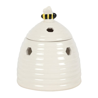 White Beehive Oil Burner – Ceramic Aroma Burner with Honeycomb Cutouts & Bee Detail