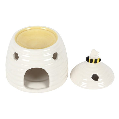 White Beehive Oil Burner – Ceramic Aroma Burner with Honeycomb Cutouts & Bee Detail