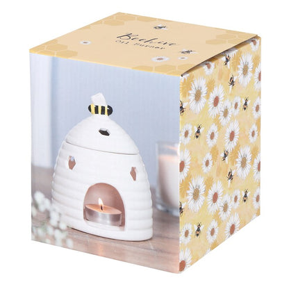 White Beehive Oil Burner – Ceramic Aroma Burner with Honeycomb Cutouts & Bee Detail