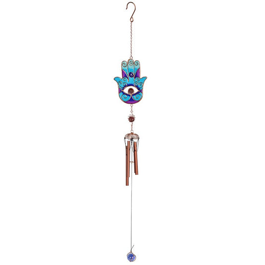 Blue Hand of Hamsa Windchime – Protective Evil Eye Charm & Sacred Sound Healing for Home & Garden