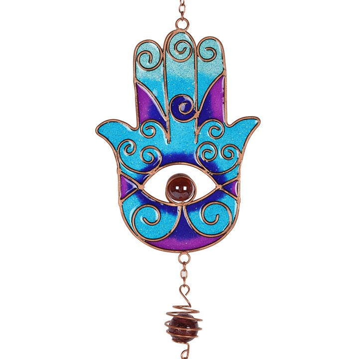Blue Hand of Hamsa Windchime – Protective Evil Eye Charm & Sacred Sound Healing for Home & Garden