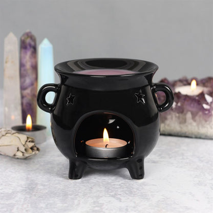 Black Cauldron Oil Burner with Star Cut-Outs – Witchcraft & Ritual Aroma Vessel