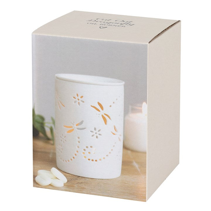 White Dragonfly Oil Burner – Ceramic Aroma & Wax Melt Burner with Cut-out Design