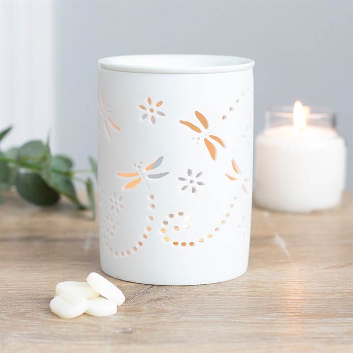 White Dragonfly Oil Burner – Ceramic Aroma & Wax Melt Burner with Cut-out Design