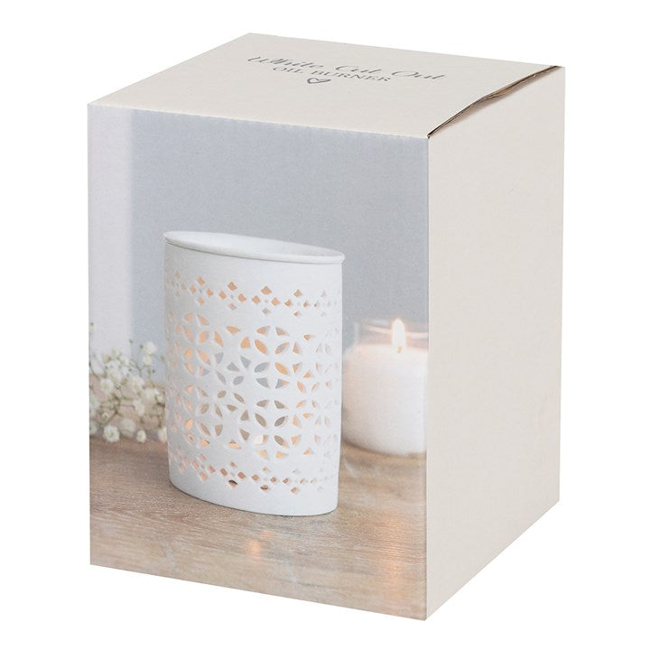 White Cut-Out Oil Burner – Matte Ceramic Aroma & Wax Melt Burner for Elegant Home Fragrance