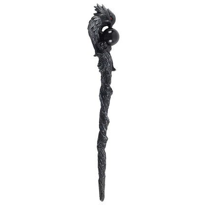 Dark Raven Ritual Wand – Gothic Spellcasting Wand with Red-Eyed Raven & Black Sphere