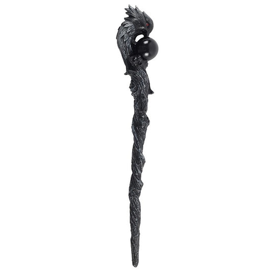 Dark Raven Ritual Wand – Gothic Spellcasting Wand with Red-Eyed Raven & Black Sphere