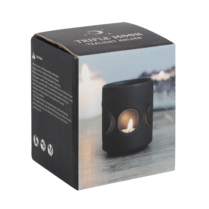 Black Ceramic Triple Moon Tealight Holder – For Lunar Rituals & Feminine Power