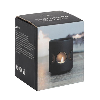 Black Ceramic Triple Moon Tealight Holder – For Lunar Rituals & Feminine Power