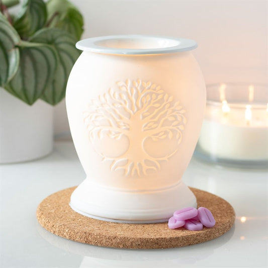 White Ceramic Tree of Life Oil Burner & Wax Warmer – Illuminated Symbol of Growth, Balance & Spiritual Harmony