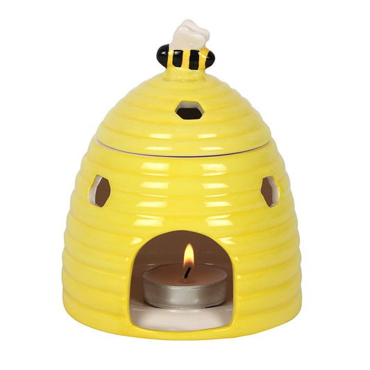 Yellow Beehive Oil Burner – Ceramic Aroma Burner with Honeycomb Cutouts & Bee Detail