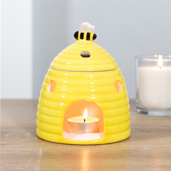 Yellow Beehive Oil Burner – Ceramic Aroma Burner with Honeycomb Cutouts & Bee Detail