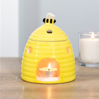 Yellow Beehive Oil Burner – Ceramic Aroma Burner with Honeycomb Cutouts & Bee Detail