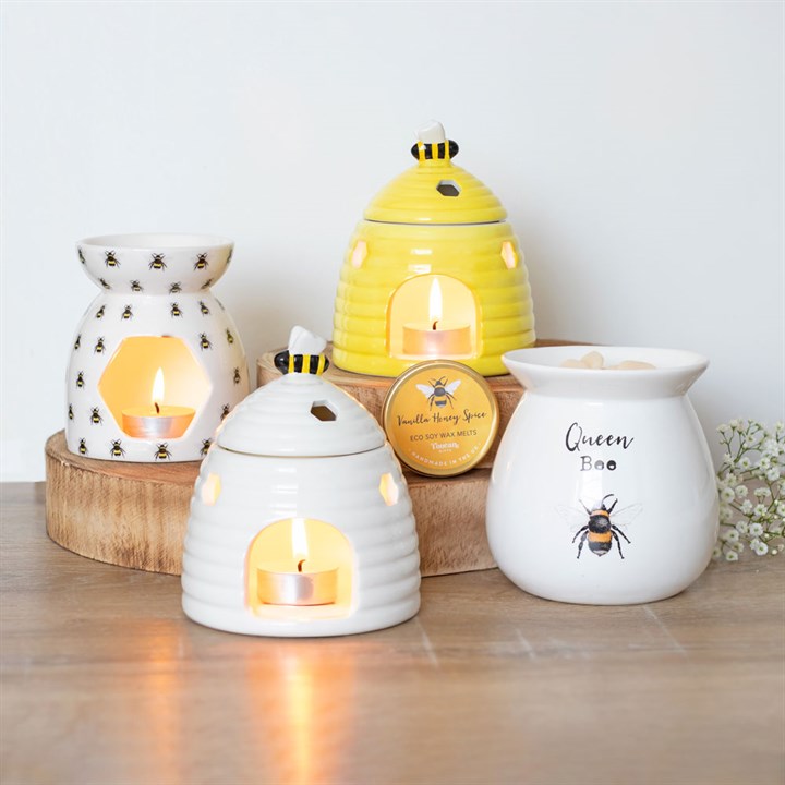 Yellow Beehive Oil Burner – Ceramic Aroma Burner with Honeycomb Cutouts & Bee Detail
