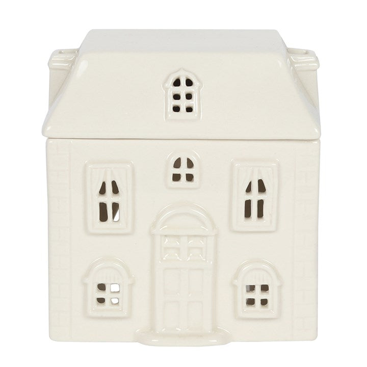 White Ceramic House Oil Burner – Cosy Home Fragrance Lamp for Essential Oils & Wax Melts