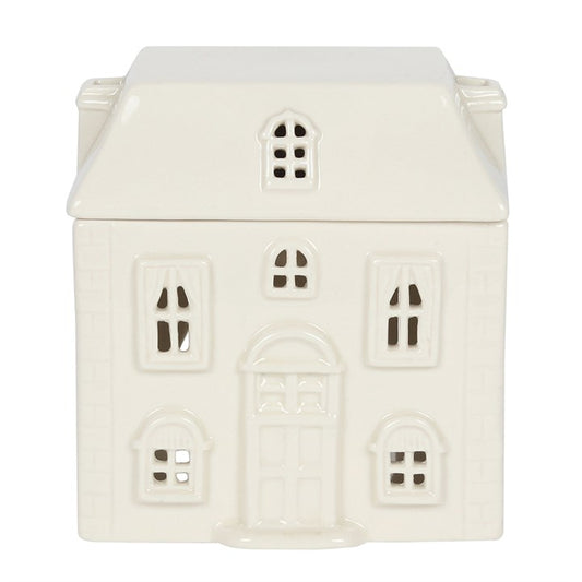 White Ceramic House Oil Burner – Cosy Home Fragrance Lamp for Essential Oils & Wax Melts