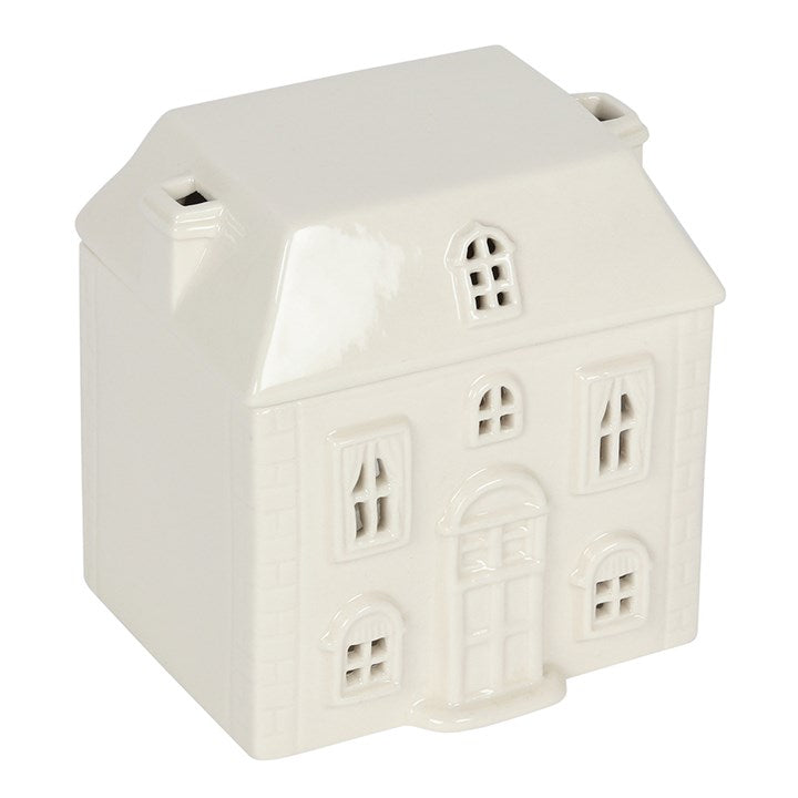 White Ceramic House Oil Burner – Cosy Home Fragrance Lamp for Essential Oils & Wax Melts