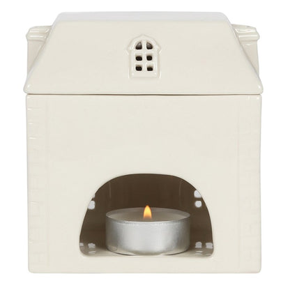 White Ceramic House Oil Burner – Cosy Home Fragrance Lamp for Essential Oils & Wax Melts