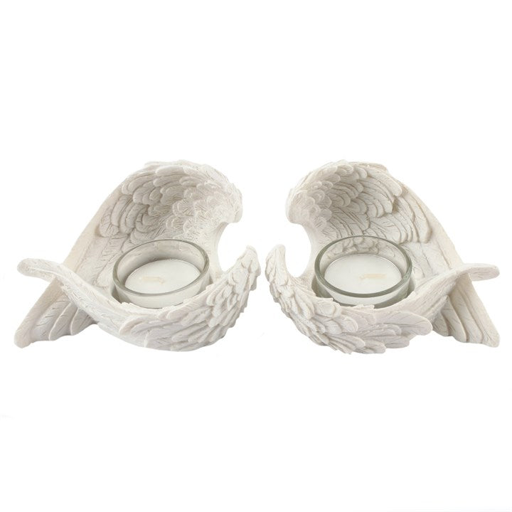 Pair of White Resin Angel Wing Tealight Holders – Protection, Light & Serenity