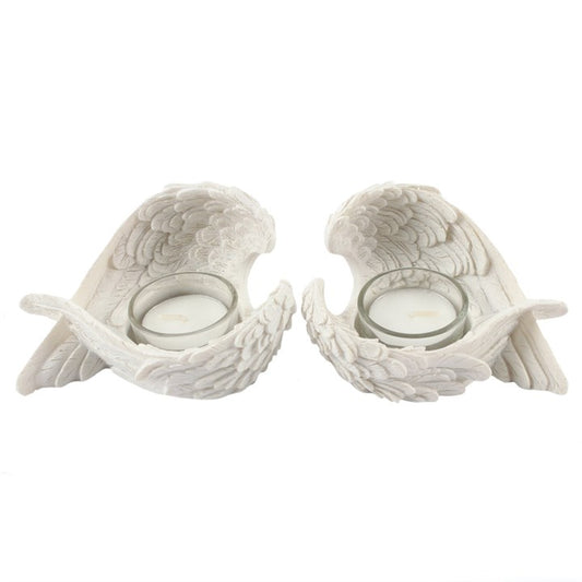Pair of White Resin Angel Wing Tealight Holders – Protection, Light & Serenity