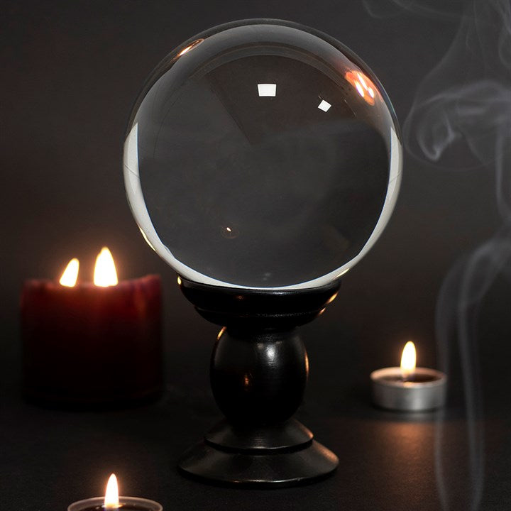 Large Clear Crystal Ball with Black Wooden Stand – Divination & Décor