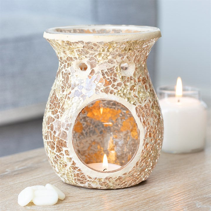 Golden Mirrored Crackle Oil Burner – Luxury Wax & Fragrance Diffuser for Abundance, Solar Energy & Spiritual Illumination