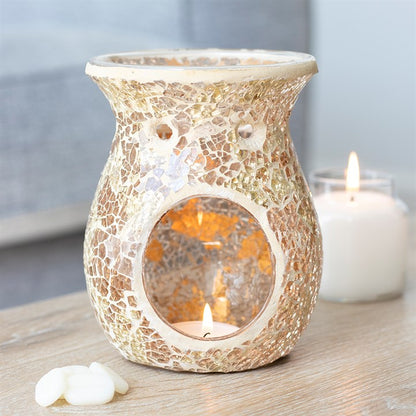 Golden Mirrored Crackle Oil Burner – Luxury Wax & Fragrance Diffuser for Abundance, Solar Energy & Spiritual Illumination