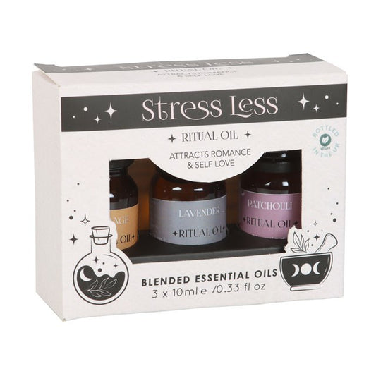 Stress Less Ritual Essential Oil Set – Orange, Lavender & Patchouli Blends for Calm, Clarity & Serenity