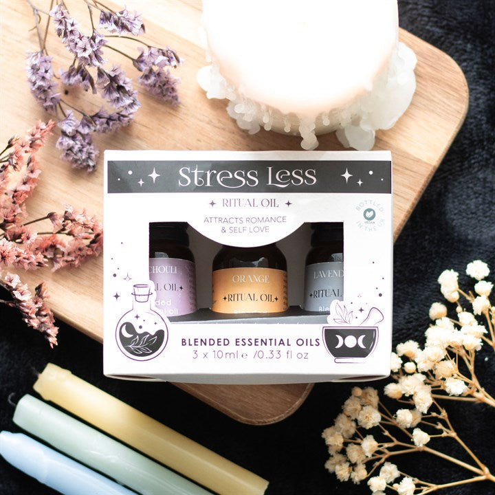 Stress Less Ritual Essential Oil Set – Orange, Lavender & Patchouli Blends for Calm, Clarity & Serenity
