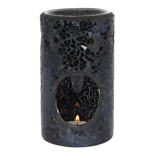 Black Mirrored Crackle Pillar Oil Burner – Luxury Ceramic Wax & Fragrance Diffuser for Transformation & Protection