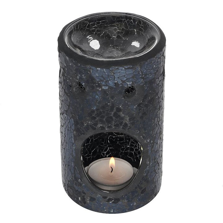 Black Mirrored Crackle Pillar Oil Burner – Luxury Ceramic Wax & Fragrance Diffuser for Transformation & Protection