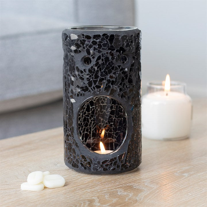 Black Mirrored Crackle Pillar Oil Burner – Luxury Ceramic Wax & Fragrance Diffuser for Transformation & Protection