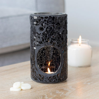 Black Mirrored Crackle Pillar Oil Burner – Luxury Ceramic Wax & Fragrance Diffuser for Transformation & Protection