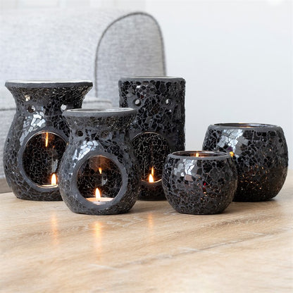 Black Mirrored Crackle Pillar Oil Burner – Luxury Ceramic Wax & Fragrance Diffuser for Transformation & Protection