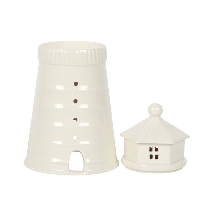 White Lighthouse Oil Burner – Ceramic Wax Melt Aroma Burner with Window Glow
