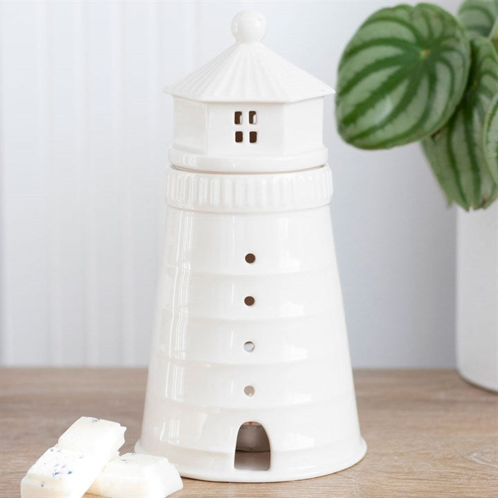 White Lighthouse Oil Burner – Ceramic Wax Melt Aroma Burner with Window Glow