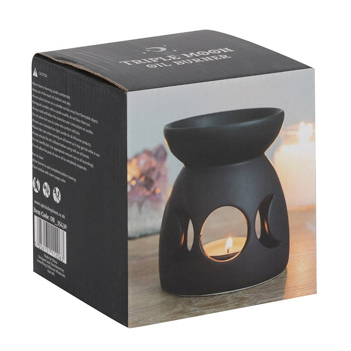 Black Triple Moon Oil Burner – Ceramic Wax & Fragrance Diffuser for Lunar Magic & Rituals