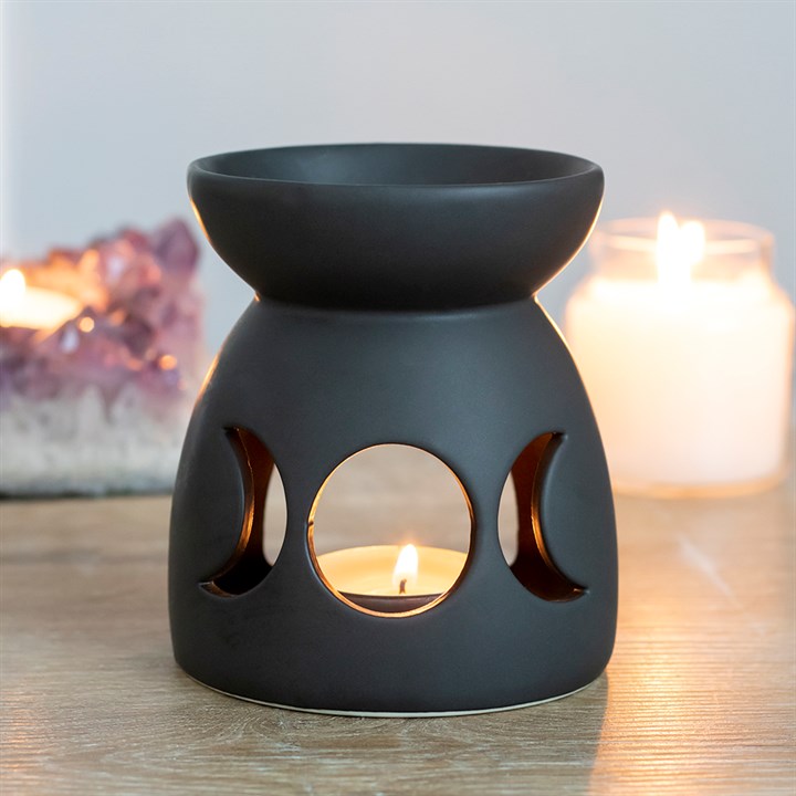 Black Triple Moon Oil Burner – Ceramic Wax & Fragrance Diffuser for Lunar Magic & Rituals