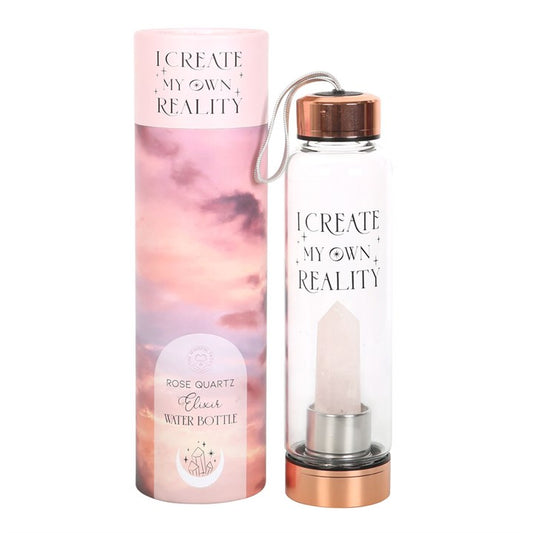 Rose Quartz Crystal Glass Water Bottle – ‘I Create My Own Reality’ 18oz Mindful Hydration Bottle