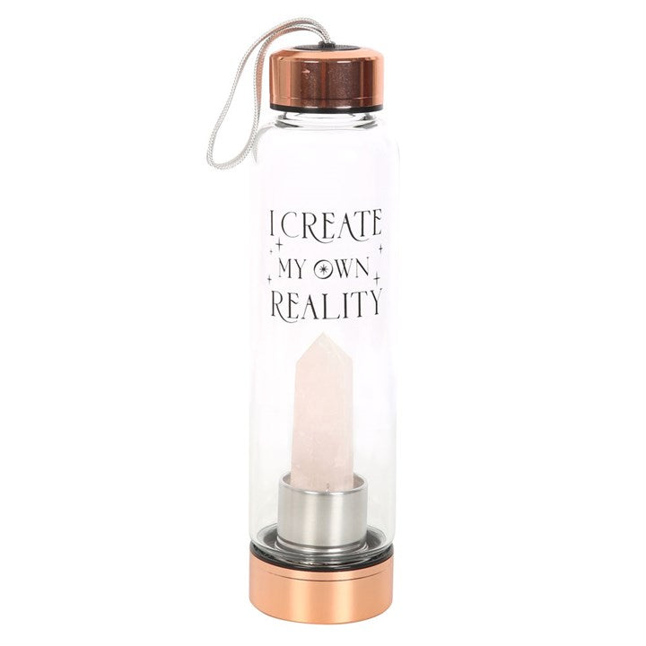 Rose Quartz Crystal Glass Water Bottle – ‘I Create My Own Reality’ 18oz Mindful Hydration Bottle