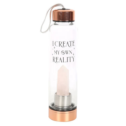 Rose Quartz Crystal Glass Water Bottle – ‘I Create My Own Reality’ 18oz Mindful Hydration Bottle