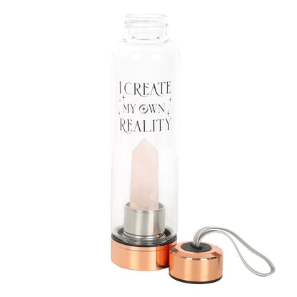 Rose Quartz Crystal Glass Water Bottle – ‘I Create My Own Reality’ 18oz Mindful Hydration Bottle