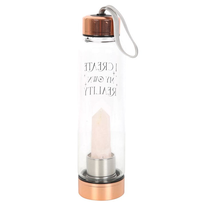 Rose Quartz Crystal Glass Water Bottle – ‘I Create My Own Reality’ 18oz Mindful Hydration Bottle