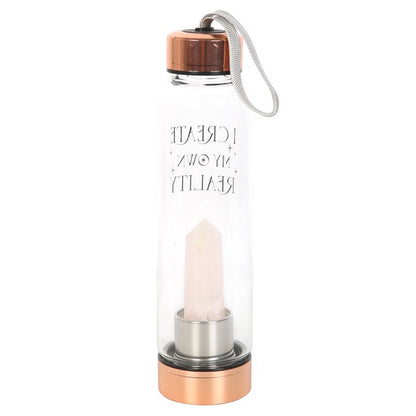 Rose Quartz Crystal Glass Water Bottle – ‘I Create My Own Reality’ 18oz Mindful Hydration Bottle