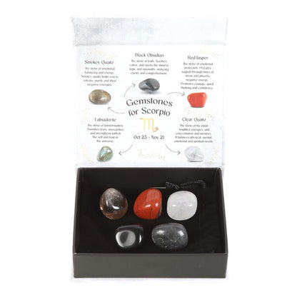 Scorpio Zodiac Crystal Gift Set – Smokey Quartz, Obsidian, Labradorite, Red Jasper & Clear Quartz in Luxury Box